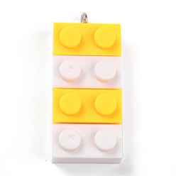 Yellow Resin Pendants, with Platinum Iron Loop, Toy Bricks, Yellow, 36x15.5x8mm, Hole: 2.6mm