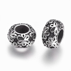 Antique Silver 304 Stainless Steel European Beads, Large Hole Beads, Rondelle with Flower, Antique Silver, 11.5x6.5mm, Hole: 5mm