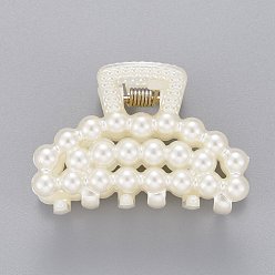 White Plastic Claw Hair Clips, with ABS Plastic Imitation Pearl Beads and Iron Findings, White, 27x40x26mm