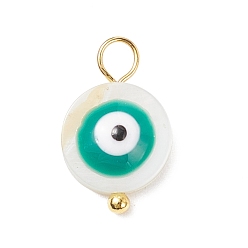 Dark Cyan Natural Freshwater Shell Charms, with Golden Tone Alloy Loops, Flat Round with Evil Eye, Dark Cyan, 14x9x3.5mm, Hole: 2.5mm