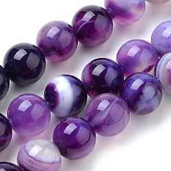 Blue Violet Natural Striped Agate/Banded Agate Beads Strands, Dyed, Round, Blue Violet, 10mm, Hole: 1mm, about 37pcs/strand, 14.96 inch(38cm)