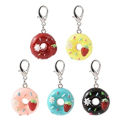Mixed Color Doughnut with Strawberry Resin Pendants Decorations Set, Lobster Clasp Charms, Clip-on Charm, for Keychain, Purse, Backpack Ornament, Mixed Color, 42mm, 5pcs/set