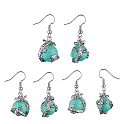 Synthetic Turquoise Synthetic Green Turquoise Dragon Dangle Earrings, Platinum Brass Jewelry for Women, 36mm, Pin: 0.6mm