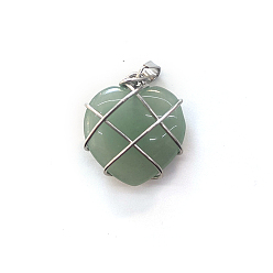 Green Aventurine Natural Green Aventurine Copper Wire Wrapped Pendants, Heart Charms, Silver Color, 20mm