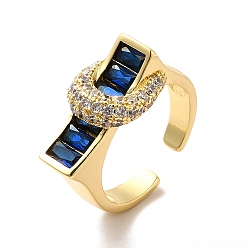 Azul Rectángulo de circonitas cúbicas con anillo abierto de luna, joyas de latón chapado en oro real 18k para mujer, azul, tamaño de EE. UU. 7 1/2 (17.7 mm)
