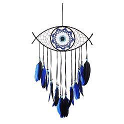 Midnight Blue Wooden Woven Net/Web with Feather Pendant Decotations, with Dyed Feather and Silk Cord, Wall Hanging Ornament for Car, Home Decor, Evil Eye, Midnight Blue, Pendant: 550x370mm