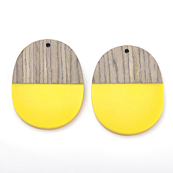 Yellow Resin & Wenge Wood Pendants, Oval, Yellow, 44.5x34.5~35.5x3~4mm, Hole: 2mm