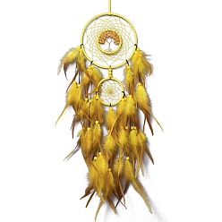 Yellow Iron & Glass Chips Pendant Hanging Decoration, Woven Net/Web with Feather Wall Hanging Wall Decor, Yellow, 730mm