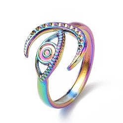 Rainbow Color 304 Stainless Steel Open Cuff Ring Finding, Ring Settings, Horn with Horse Eye, Rainbow Color, US Size 8 1/2(18.5mm), Tray: 1.2mm