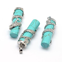 Synthetic Turquoise Column with Dragon Platinum Plated Brass Synthetic Turquoise Pendants, Cadmium Free & Lead Free, 40~42x13mm, Hole: 5x8mm