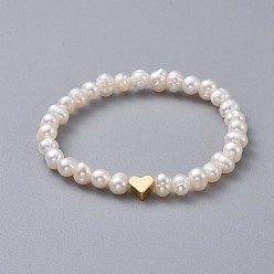 Blanc Étirer bracelets pour enfants, avec des perles en laiton, grade a perles d'eau douce naturelles et sacs d'emballage en toile de jute sacs à cordon, cœur, blanc, 1-3/4 pouce (4.5 cm)