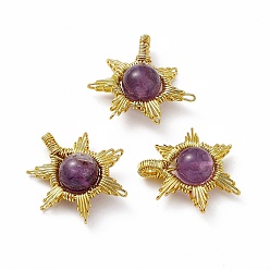 Amethyst Natural Amethyst Pendants, Sun Charms, with Rack Plating Golden Tone Brass Findings, Cadmium Free & Lead Free, 26~28x24~28x10mm, Hole: 2x4mm