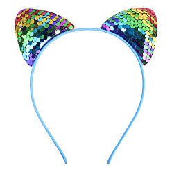 Colorido Orejas de gato con diademas de tela de lentejuelas reversibles, accesorios para el cabello para niñas, colorido, 150x188x9 mm