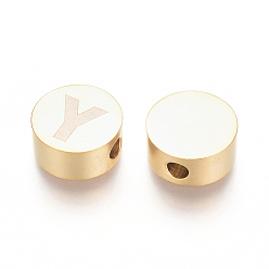 Letter Y 304 Stainless Steel Beads, Flat Round with Letter, Letter.Y, 10x4.5mm, Hole: 2mm
