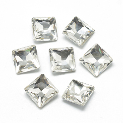 Clear Pointed Back Glass Rhinestone Cabochons, Back Plated, Faceted, Square, Clear, 14x14x5.5mm