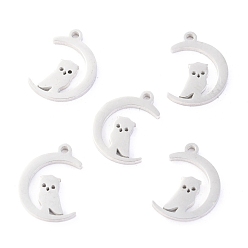 Stainless Steel Color 304 Stainless Steel Charms, Laser Cut, for Halloween, Moon with Owl, Stainless Steel Color, 12x9x1.1mm, Hole: 1mm