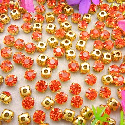 Coral Flat Round Sew on Rhinestone, Glass Crystal Rhinestone, Multi-Strand Links, with Brass Prong Setting, Coral, 4mm, about 1400~1440pcs/bag