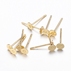 Golden Stud Earring Findings, Lead Free and Cadmium Free, Brass Heads and Stainless Steel Pins, Golden Color, Size: about 12mm long, 0.6mm thick, Head: about 4mm in diameter