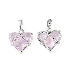 Pearl Pink Brass Micro Pave Cubic Zirconia Charms, Heart Charm, Real Platinum Plated, Pearl Pink, 14.5x13.5x5mm, Hole: 3x2.5mm