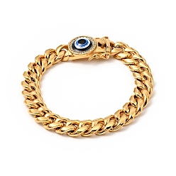 Golden Ion Plating(IP) 304 Stainless Steel Curb Chains Bracelet with Crystal Rhinestone, Resin Evil Eye Clasp Lucky Bracelet for Men Women, Golden, 9-3/8 inch(23.8cm)