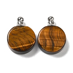 Tiger Eye Natural Tiger Eye Perfume Bottle Pendants, Flat Round Charms with Stainless Steel Color Plated 304 Stainless Steel Findings, 27.5x20x7~7.5mm, Hole: 2mm