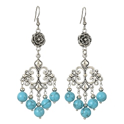 Turquoise Synthétique Boucles d'oreilles pendantes en perles de turquoise synthétique, Boucles d'oreilles lustre en alliage ross pour femmes, 90x29mm
