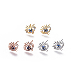 Mixed Color Brass Stud Earring Findings, with Loop, Micro Pave Cubic Zirconia, Eyes, Colorful, Mixed Color, 10x12x2.5mm, Hole: 1mm, Pin: 0.8mm