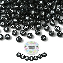 Negro Kits de fabricación de pulseras de bricolaje, Incluye cuentas acrílicas redondas planas con letras y corazones., hilo elástico, negro, 550 unidades / bolsa