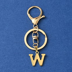 Letter W 304 Stainless Steel Initial Letter Charm Keychains, with Alloy Clasp, Golden, Letter W, 8.5cm