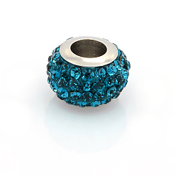 Blue Zircon 304 Stainless Steel Polymer Clay Rhinestone European Beads, Large Hole Rondelle Beads, Blue Zircon, 12.5x8mm, Hole: 5mm