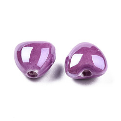 Purple Pearlized Handmade Porcelain Beads, Heart, Purple, 10x10x7mm, Hole: 1.8mm