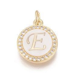 Letter E Brass Micro Pave Cubic Zirconia Pendants, with Shell, Long-Lasting Plated, Lead Free & Cadmium Free & Nickel Free, Real 18K Gold Plated, Flat Round with Letter, Clear, Letter.E, 16x13.5x3mm, Hole: 3mm