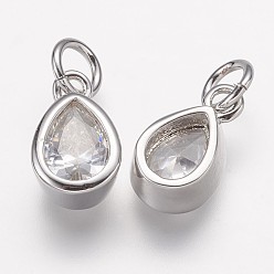 Real Platinum Plated Brass Micro Pave Grade AAA Cubic Zirconia Charms, Lead Free & Nickel Free & Cadmium Free, teardrop, Real Platinum Plated, 11.5x7x4mm, Hole: 3mm