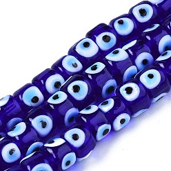 Blue Handmade Evil Eye Lampwork Beads Strands, Column, Blue, 8.5x6~7mm, Hole: 2mm, about 53~56pcs/strand, 13.78 inch~14.17 inch(35cm~36cm)