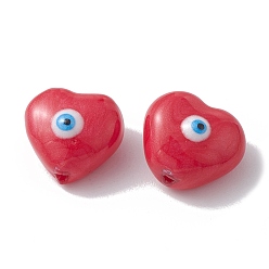 Roja Perlas de vidrio, con esmalte, corazón con patrón de mal de ojo, rojo, 10.5x11x7 mm, agujero: 1 mm