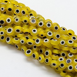 Gold Handmade Evil Eye Lampwork Flat Round Bead Strands, Gold, 12x5mm, Hole: 1mm, about 33pcs/strand, 14.76 inch