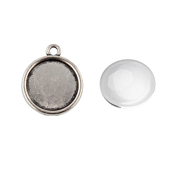 Antique Silver Pendant Making Sets, with Alloy Pendant Cabochon Settings and Glass Cabochons, Flat Round, Antique Silver, Tray: 14mm, 20x17x2mm, Hole: 1.5mm, 13.5~14x4mm