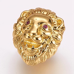 Golden Brass Micro Pave Cubic Zirconia Beads, Lion, Golden, 13x11x10mm, Hole: 3mm