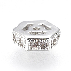 Real Platinum Plated Brass Micro Pave Cubic Zirconia Beads, Hexagon, Real Platinum Plated, 5.5x5.5x2mm, Hole: 1mm