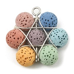 Silver Natural Lava Rock Dyed Beaded Pendants, Copper Wire Wrapped Flower Charms, Colorful, Silver, 26x26x8mm, Hole: 2mm