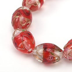Red Oval Shaped Handmade Gold Sand Lampwork Beads, Red, 16x11mm, Hole: 2mm
