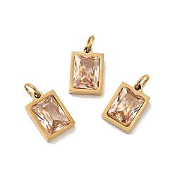 PeachPuff Vacuum Plating 304 Stainless Steel Pendants, with Cubic Zirconia and Jump Rings, Single Stone Charms, Rectangle, Golden, PeachPuff, 11.5x8x3.5mm, Hole: 3.6mm