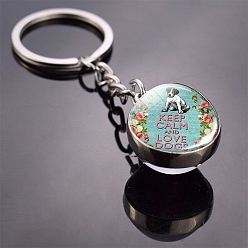 Pale Turquoise Dog Pattern Glass Double-sided Ball Keychains, with Alloy Finding, for Backpack, Keychain Decor, Pale Turquoise, 8cm