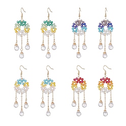 Mixed Color Glass Beaded Ring with Teardrop Dangle Earrings, Tassel Earrings for Women, Mixed Color, 86mm, Pin: 0.7mm