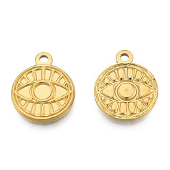 Real 18K Gold Plated Ion Plating(IP) 201 Stainless Steel Pendants, Flat Round with Eye, Real 18K Gold Plated, 19x15x2mm, Hole: 1.8mm