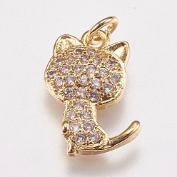 Oro Encantos de gatito de circonita cúbica micro pavé de latón, forma de silueta de gato, dorado, 14x9x2.5 mm, agujero: 2 mm