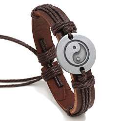 Coconut Brown Adjustable Cowhide Cord Bracelets for Men, Antique Silver Tone Yin Yang Alloy Links Bracelets, Coconut Brown, 6-3/4~7-1/8 inch(17~18cm)