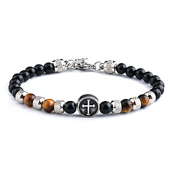 Antique Silver Natural Tiger Eye & Stainless Steel Cross Beaded Bracelet, Antique Silver, 7-5/8 inch(19.5cm)