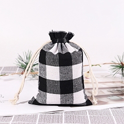 Noir Toile de jute sur le thème de noël sacs à cordon, pochettes en tartan rectangulaires pour fournitures de fête de noël, noir, 14x10 cm