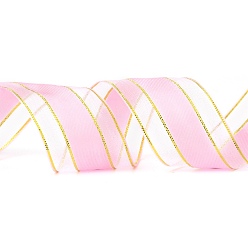 Pearl Pink Solid Color Organza Ribbons, Golden Wired Edge Ribbon, for Party Decoration, Gift Packing, Pearl Pink, 1"(25mm), about 50yard/roll(45.72m/roll)
